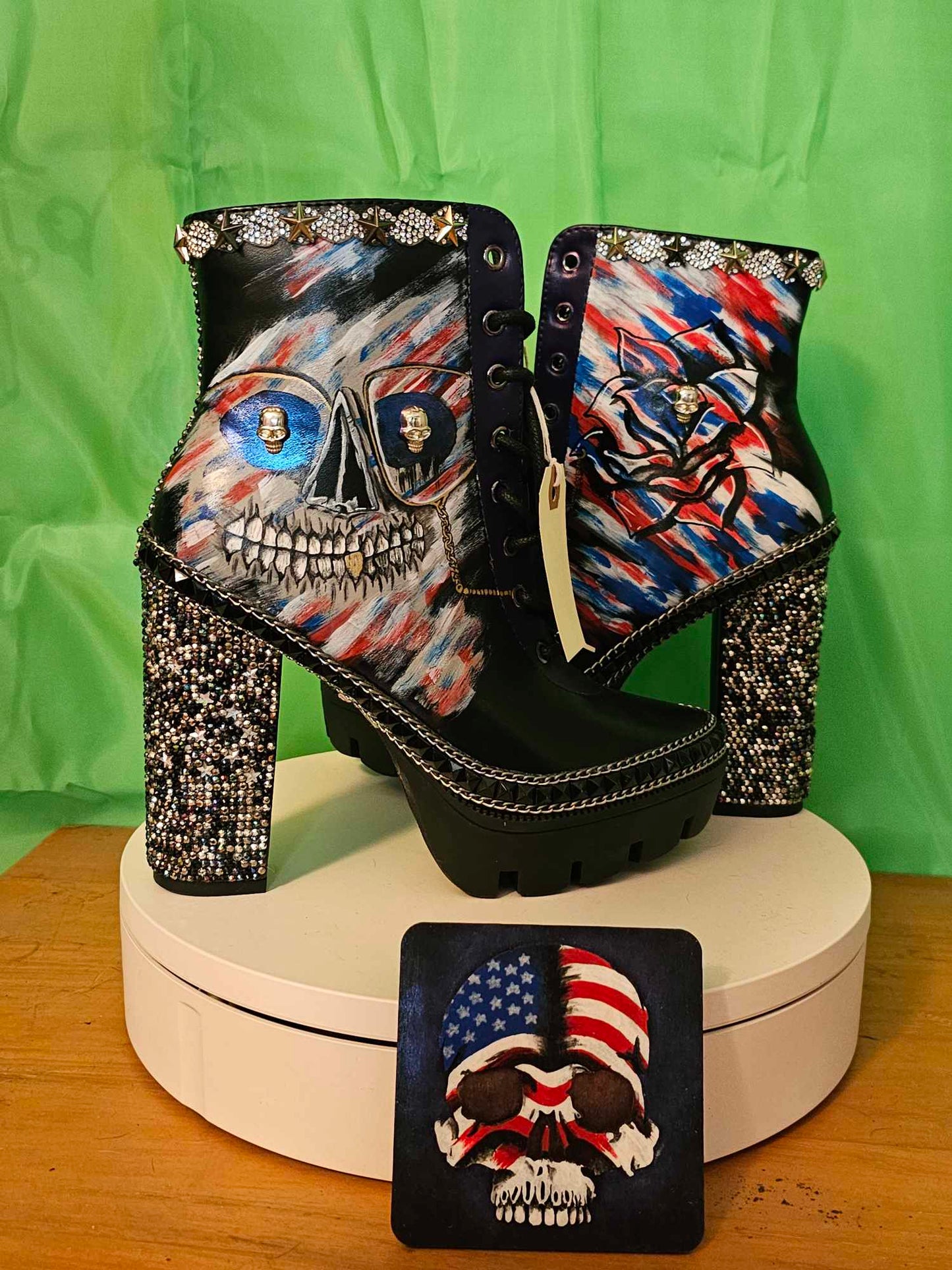 Custom “Patriotic Skull” Heeled boots — Hand-Painted & Fully Rhinestoned heels